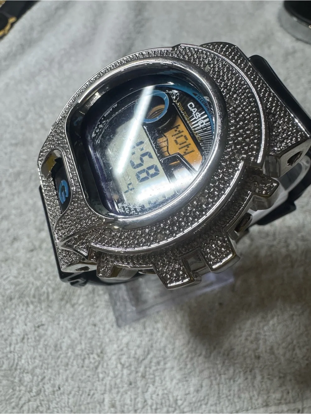 Casio Digital Watch with Silver Pavé Bezel and Black Strap